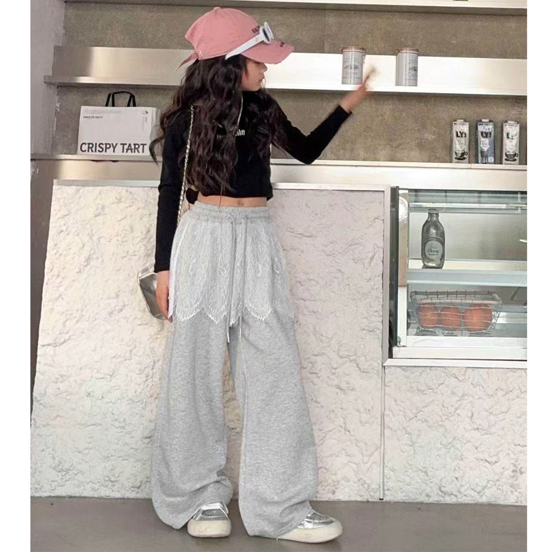 女童春款蕾丝拼接洋气针织阔腿裤图片