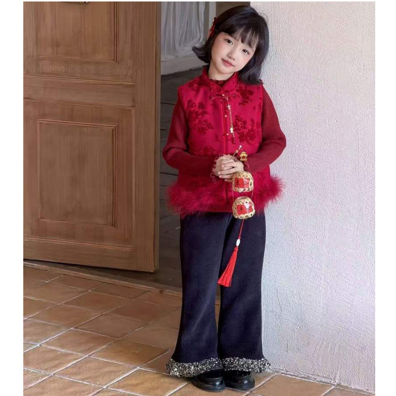 冬季国风女童套装儿童丝绒新中式夹棉马甲毛衣亮片加绒长裤三件套,童装/婴儿装/亲子装,套装,淘宝优惠券,粉丝福利购,淘宝优惠卷