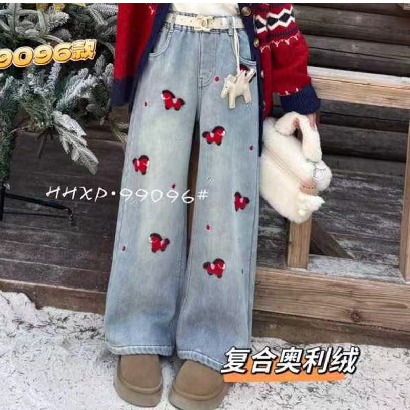 女童小马刺绣加绒牛仔裤儿童加厚阔腿直筒裤中大童冬季洋气长裤子,童装/婴儿装/亲子装,儿童牛仔裤,淘宝优惠券,粉丝福利购,淘宝优惠卷