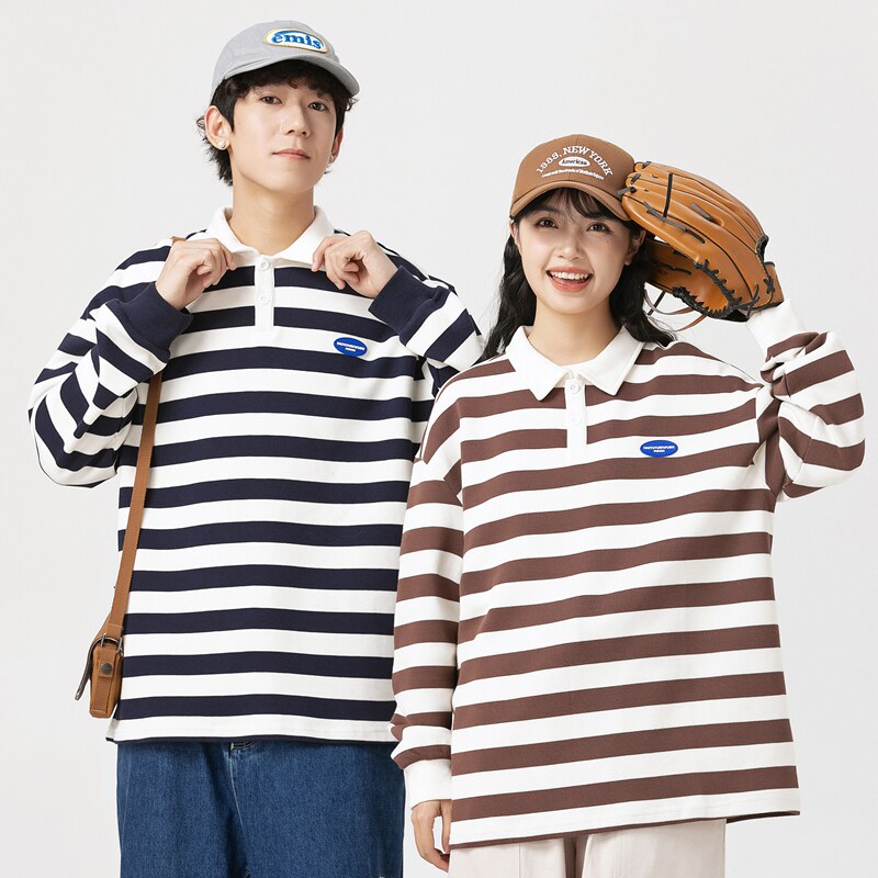 男女春秋新款潮牌条纹情侣港风双珠地棉卫衣翻领POLO衫 WY2383P48
