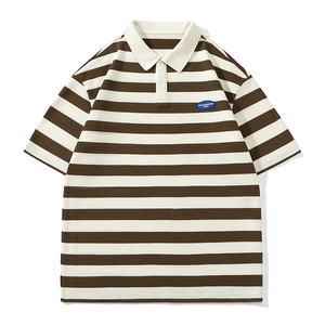 男夏季宽松服潮牌条纹港风双珠地棉短袖T恤翻领POLO衫 PL2363P40图片