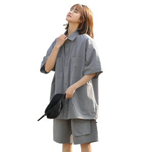 2026新套装男女同款夏季潮牌休闲百搭长城格短袖衬衫套装 C69P75图片