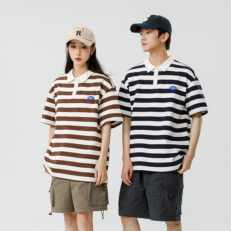 男女夏新款潮牌条纹情侣港风双珠Polo衫