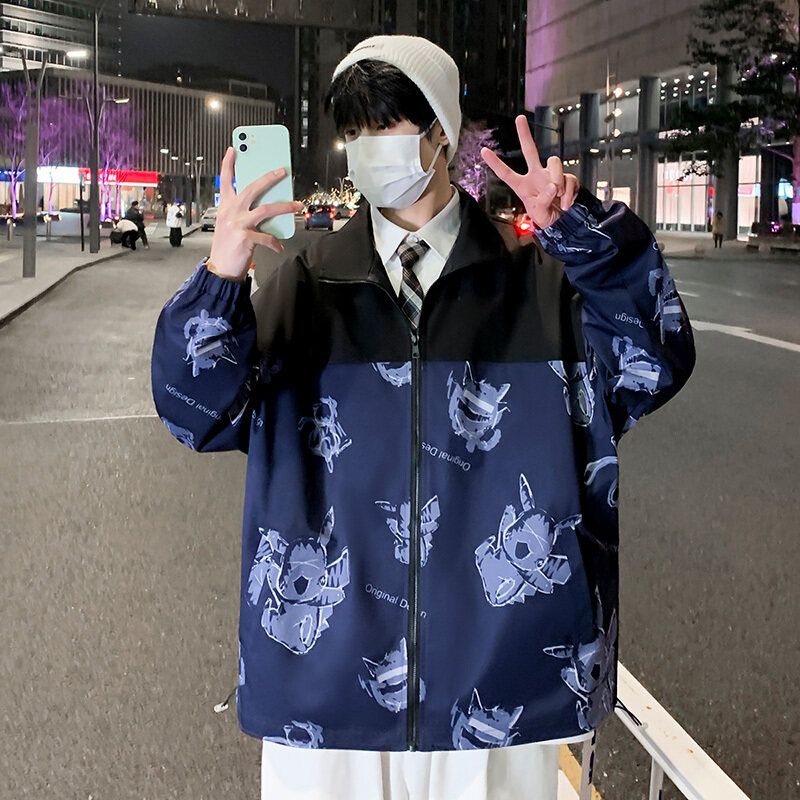 春秋新款拼接撞色卡通皮卡夹克男潮流港风百搭外套上衣JK2203P70,男装夹克,星座1410（原1902A）