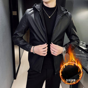 跨境外贸男士外套春秋款皮衣夹克男装PU皮机车服皮衣PY609加绒P75