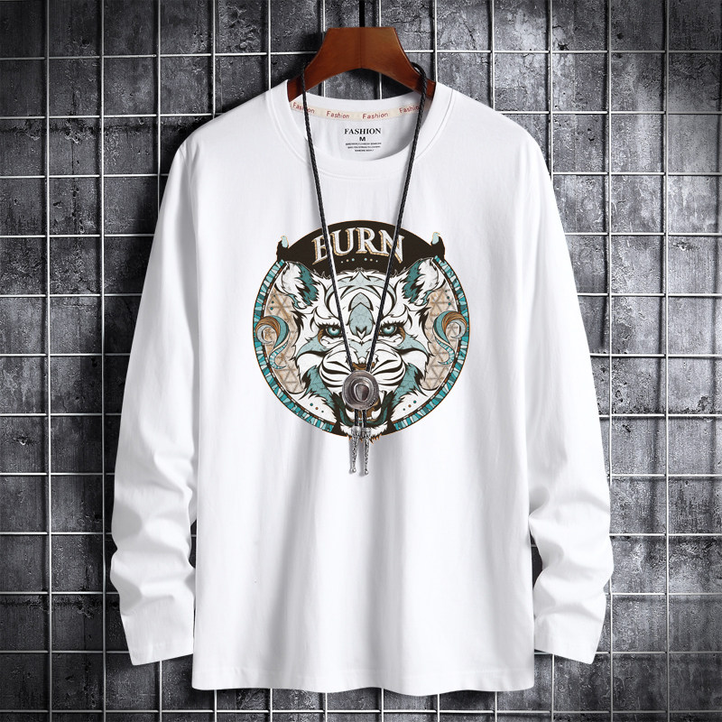 Spring new Korean fashion men's cotton round neck long sleeve t-shirt men's big tiger head