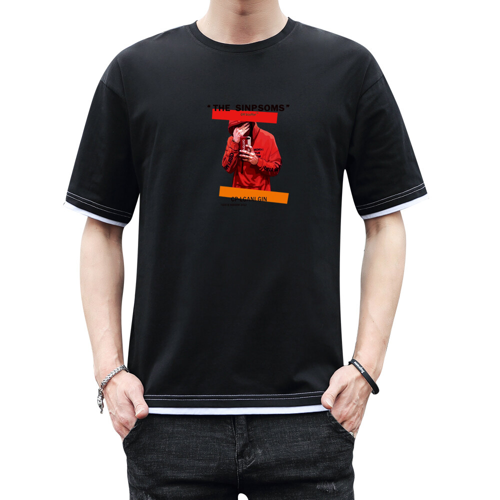 新款韩宽松短袖t恤男半袖纯棉加肥假两件T恤DT1009-红衣男-P20,男装T恤,星座1410（原1902A）