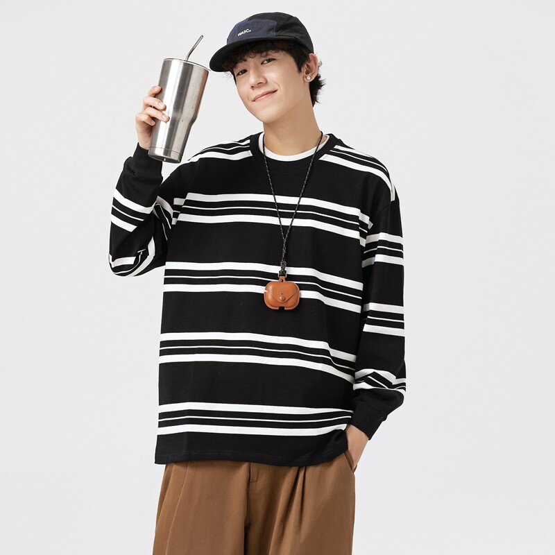春秋新款港风宽松服条纹二开情侣圆领T恤男女纯棉卫衣男WY2396P50,男装T恤,星座1410（原1902A）
