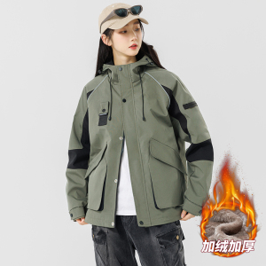 男士加绒防水夹克秋冬情侣连帽大口袋工装防水户外夹克 AJ155P95图片