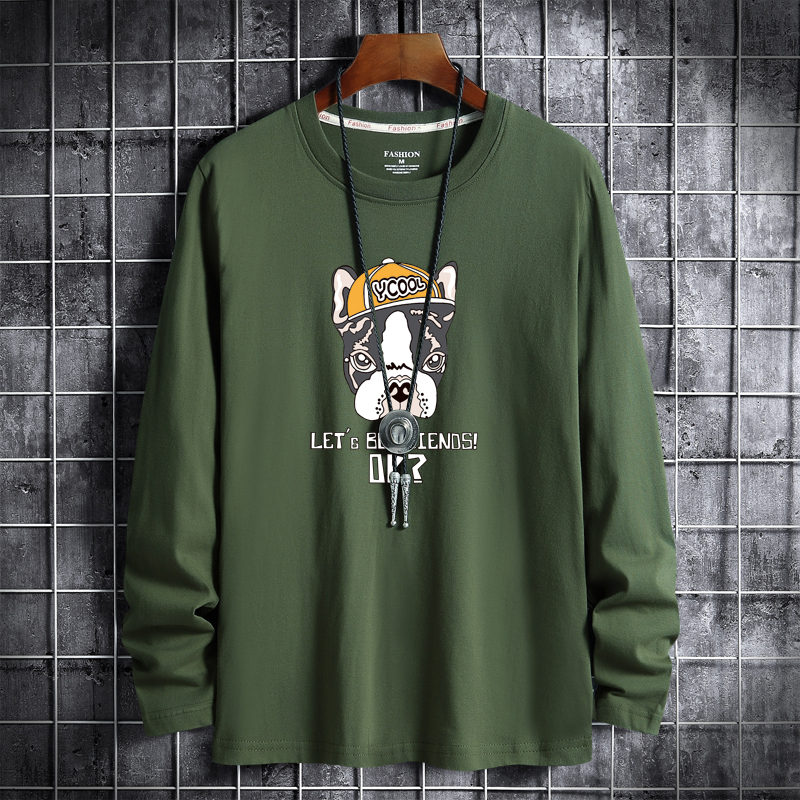 Spring new Korean fashion men's cotton round neck long sleeve t-shirt men's T-shirt hat dog