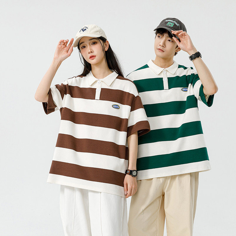 男夏季宽松服潮牌条纹港风双珠地棉短袖T恤翻领POLO衫PL2361P40,男装Polo衫,星座1410（原1902A）