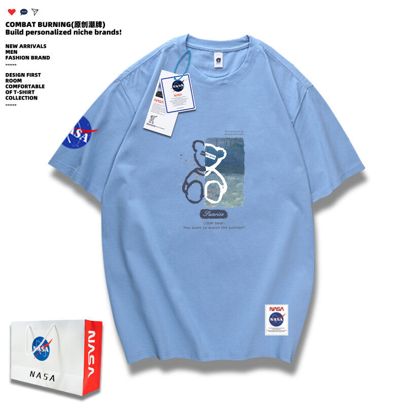 2024夏街半边熊T恤印花 搭港风简约短袖落肩男潮NA09-拼色小熊P38图片