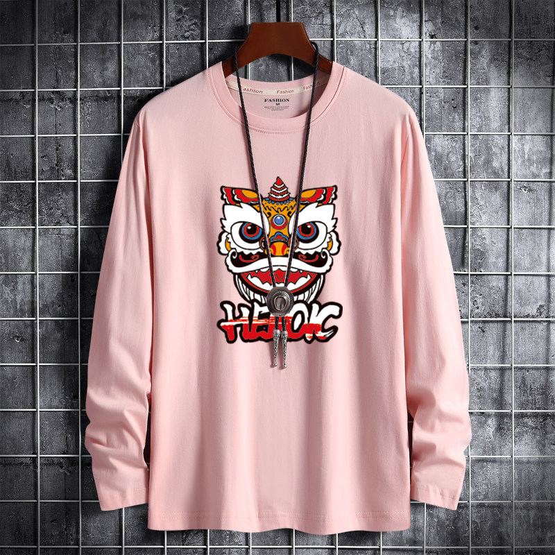 Spring new Korean fashion men's cotton round neck long sleeve shirt men's big size hero lion