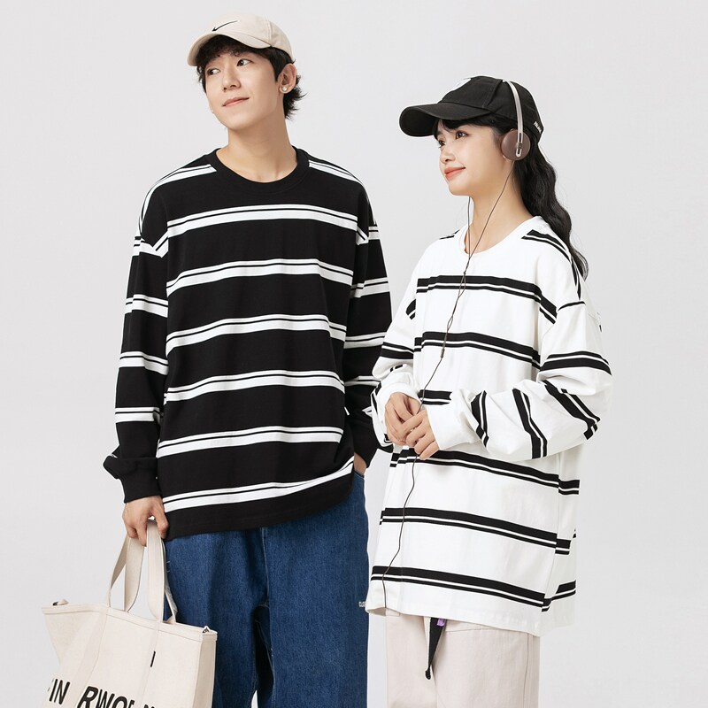春秋新款潮牌条纹可二开情侣港风圆领T恤男女纯棉卫衣男WY2391P50图片