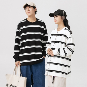春秋新款潮牌条纹可二开情侣港风圆领T恤男女纯棉卫衣男WY2391P50图片