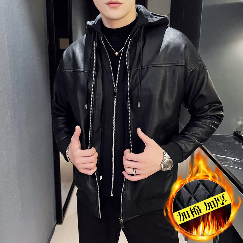 跨境外贸男士外套春秋皮衣夹克男装PU皮机车服皮衣PY906-1加绒P98图片