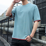 新款韩宽松短袖t恤夏男士半袖纯棉假两件T恤DT1001-纯色-P18，男装T恤，星座1410（原1902A）