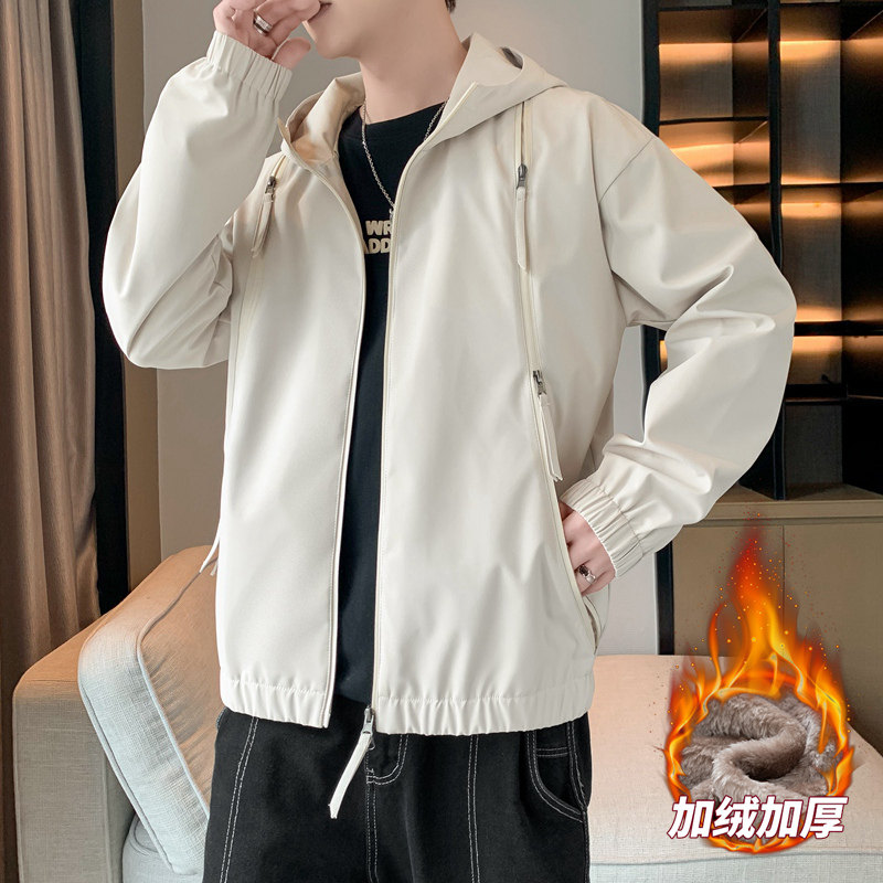 男士加绒防水夹克秋冬宽松情侣拉链口袋纯色连帽防水夹克AJ208P60,男装夹克,星座1410（原1902A）