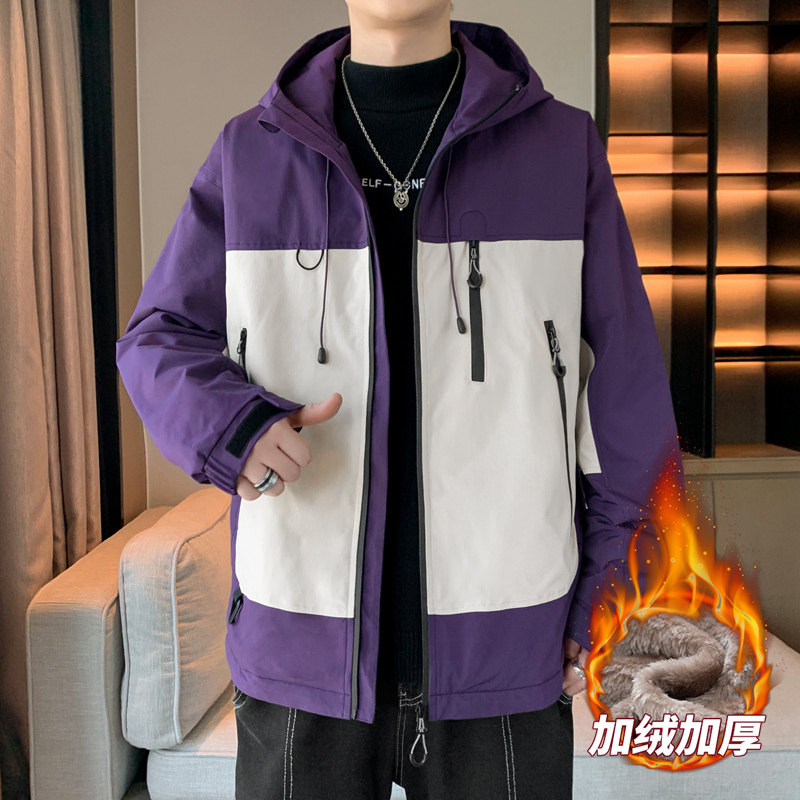 男士加绒防水夹克秋冬美宽松情侣休闲拼接连帽防水冲锋衣AJ129P60,男装夹克,星座1410（原1902A）