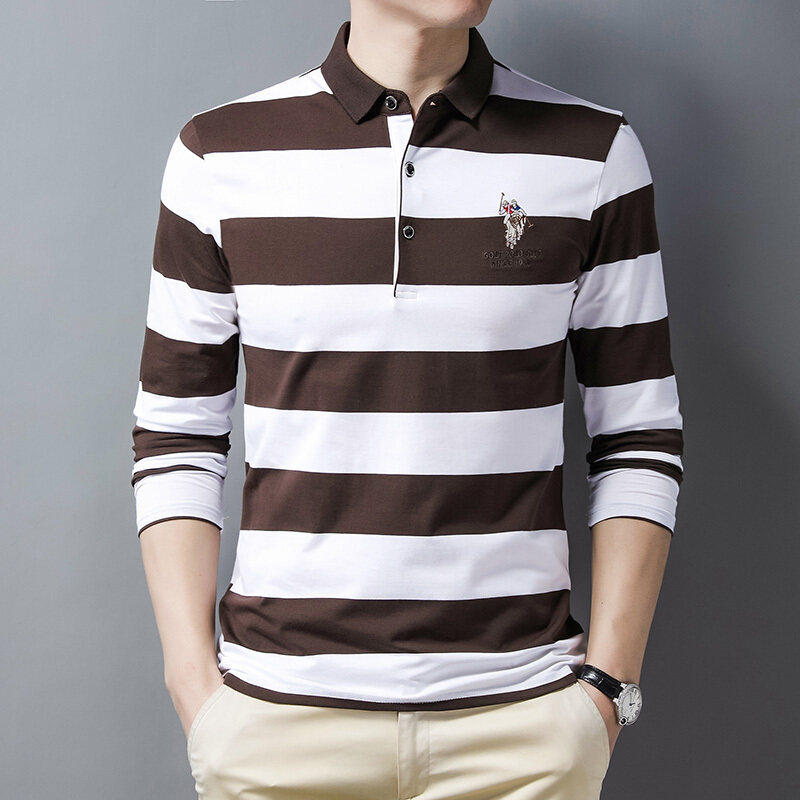 秋季新款男士长袖T恤条纹全棉商务翻领男装polo衫男 PL8855P35图片