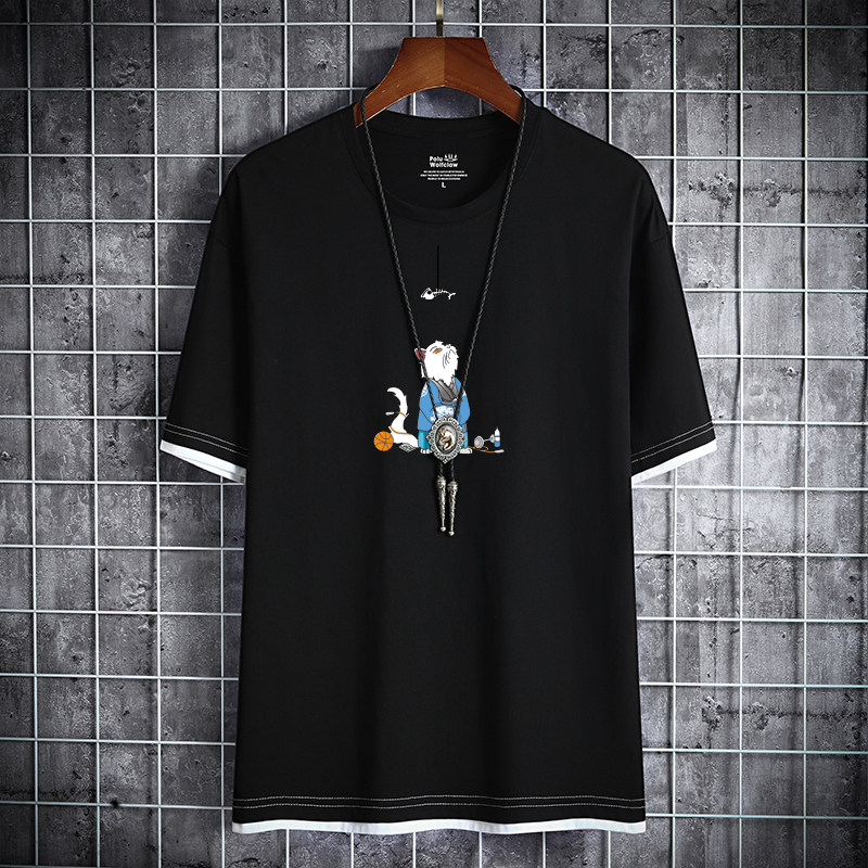 新款韩版修身短袖t恤夏男半袖纯棉假两件加肥DT1052-猫吃鱼-P25,男装T恤,星座1410（原1902A）