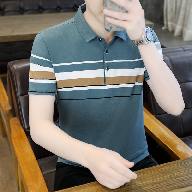 男士POLO衫夏季条纹修身上衣商务短袖T恤衫薄款棉质二开PL3351P35,男装Polo衫,星座1410（原1902A）