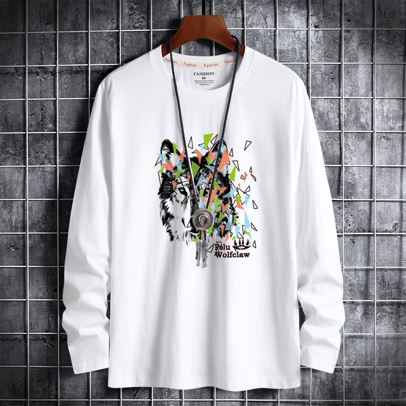 Spring new Korean fashion men's cotton round neck Long Sleeve T-Shirt Large T-shirt petal Wolf