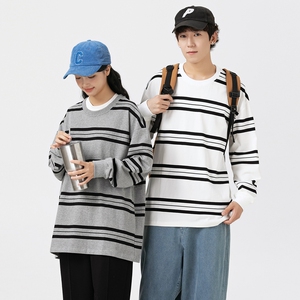 春秋新款港风宽松服条纹二开情侣圆领T恤男女纯棉卫衣男WY2396P50图片