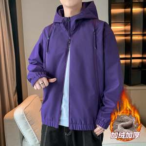 男士加绒防水夹克秋冬宽松情侣拉链口袋纯色连帽防水夹克AJ208P60图片