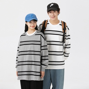 春秋新款港风宽松服条纹二开情侣圆领T恤男女纯棉卫衣男WY2396P50图片
