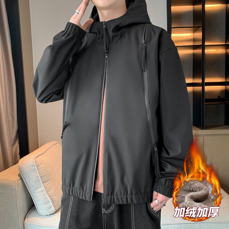男士加绒防水夹克秋冬宽松情侣拉链口袋纯色连帽防水夹克AJ208P60,男装夹克,星座1410（原1902A）