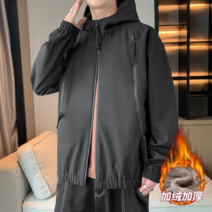 男士加绒防水夹克秋冬宽松情侣拉链口袋纯色连帽防水夹克AJ208P60图片