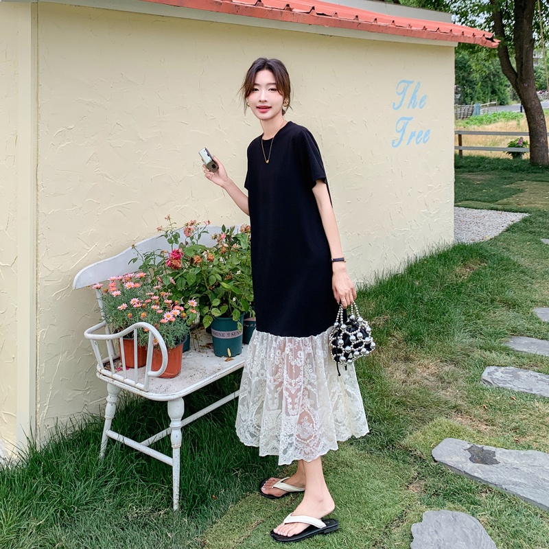 撞色蕾丝拼接V领连衣裙女夏季2025新款气质休闲宽松淡人穿搭T恤裙，女装连衣裙，浙宝169A(原263)