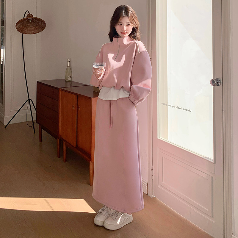 粉色连帽卫衣半身裙休闲套装女2025春秋季新款韩系显瘦运动两件套,女装套装/套裙,浙宝169A(原263)