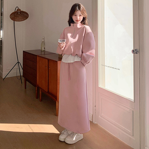 粉色连帽卫衣半身裙休闲套装女2025春秋季新款韩系显瘦运动两件套
