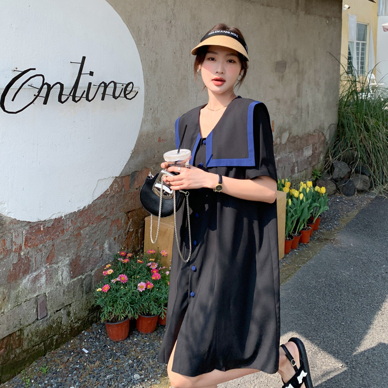 黑色海军领连衣裙女夏季2025年新款韩版宽松微胖女生初恋衬衫裙子,女装连衣裙,浙宝169A(原263)