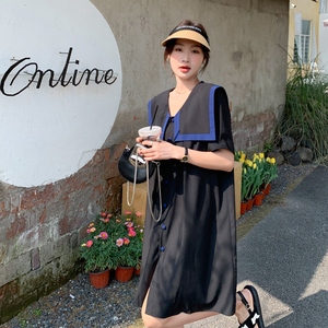 黑色海军领连衣裙女夏季2025年新款韩版宽松微胖女生初恋衬衫裙子图片