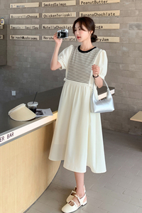 韩版条纹拼接连衣裙女春夏2025年新款温柔风遮肚子减龄宽松A裙子图片