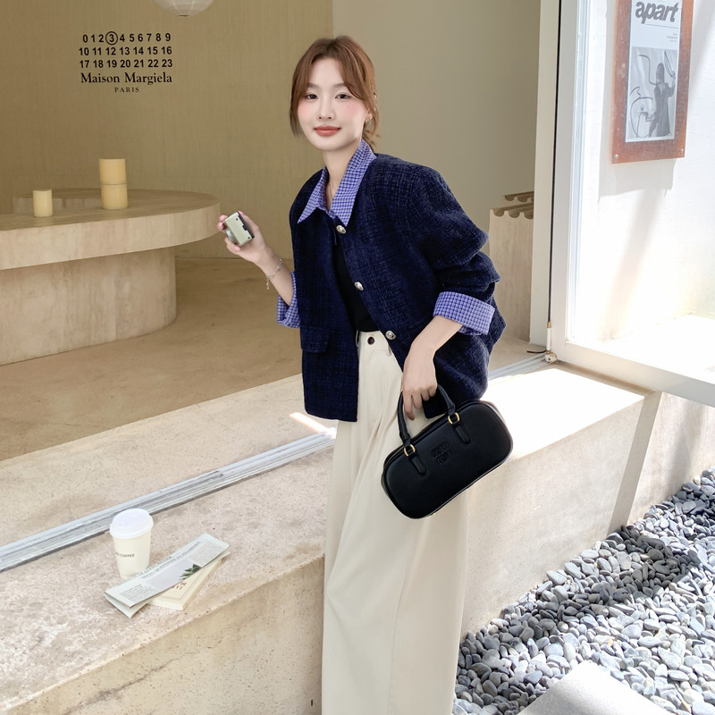 藏青色复古拼接小香风短外套女2025春秋季新款法式小个子显瘦上衣,女装套装/套裙,浙宝169A(原263)