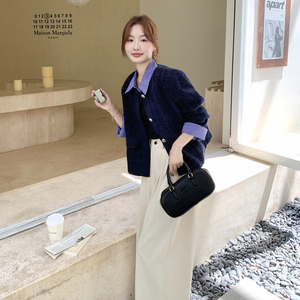藏青色复古拼接小香风短外套女2025春秋季新款法式小个子显瘦上衣图片