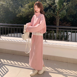 粉色连帽卫衣半身裙休闲套装女2025春秋季新款韩系显瘦运动两件套图片