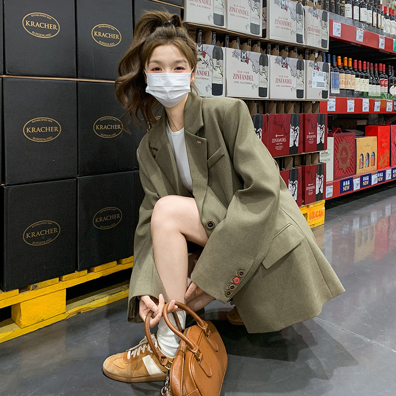 卡其绿高级感气质西装外套女2025春季新款韩系宽松休闲百搭小西服,女装西装,浙宝169A(原263)
