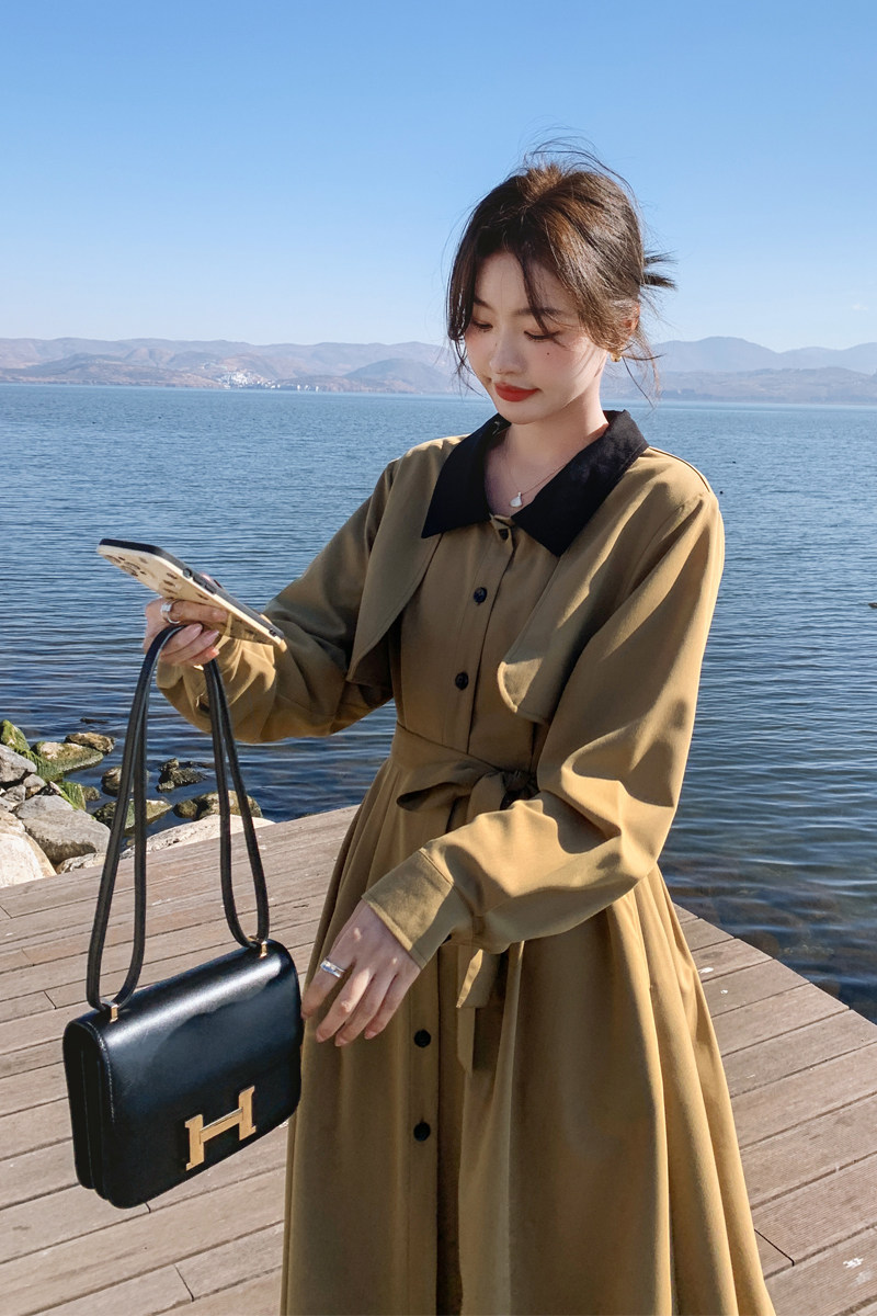 卡其色风衣式衬衫连衣裙女早春2025年新款气质高级感收腰显瘦长裙,女装连衣裙,浙宝169A(原263)