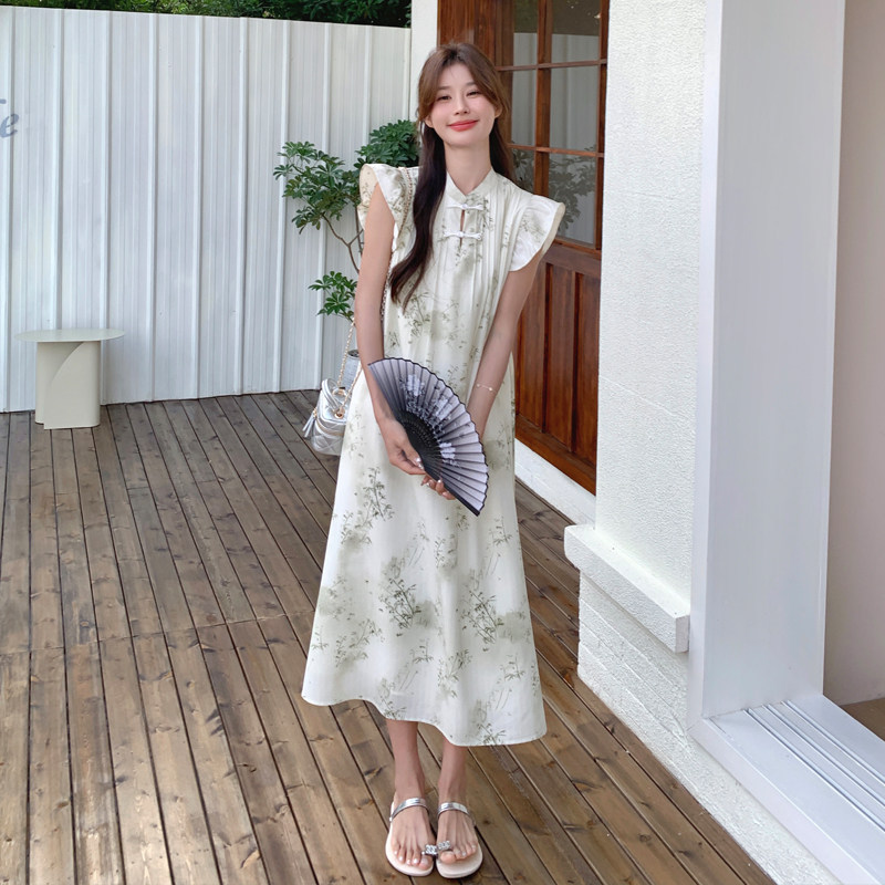 新中式国风盘扣碎花连衣裙女2025夏季新款宽松显瘦甜美小飞袖长裙,女装连衣裙,浙宝169A(原263)