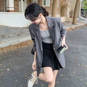 灰色拼接西装外套女2025春季新款韩系气质高级感小个子超好看西服图片
