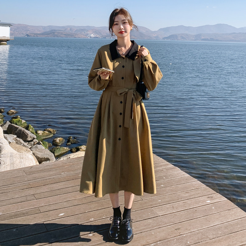 卡其色风衣式衬衫连衣裙女早春2025年新款气质高级感收腰显瘦长裙,女装连衣裙,浙宝169A(原263)