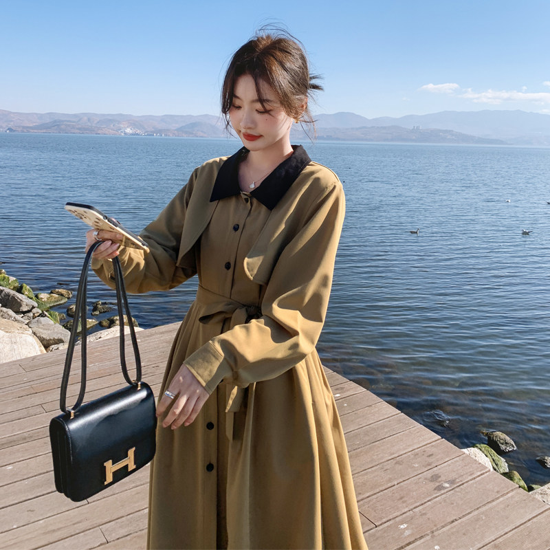 卡其色风衣式衬衫连衣裙女早春2025年新款气质高级感收腰显瘦长裙,女装连衣裙,浙宝169A(原263)