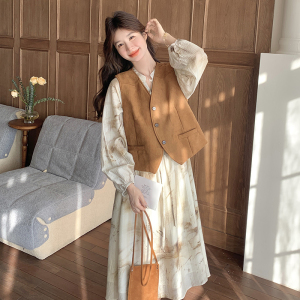 复古马甲碎花连衣裙女2025春秋新款高级感法式茶歇长裙