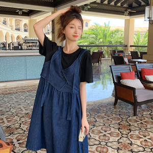 169新款-23075-P115学院休闲风针织牛仔拼接连衣裙-控168图片