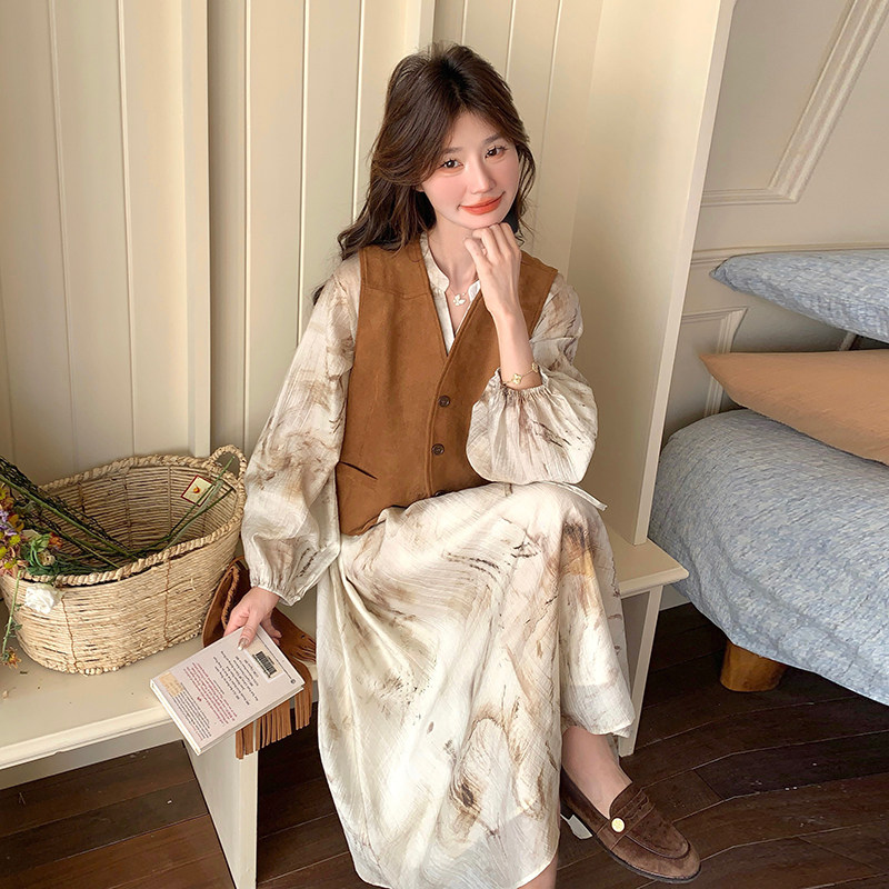 复古马甲碎花连衣裙女2025春秋新款高级感法式茶歇长裙,女装连衣裙,浙宝169A(原263)